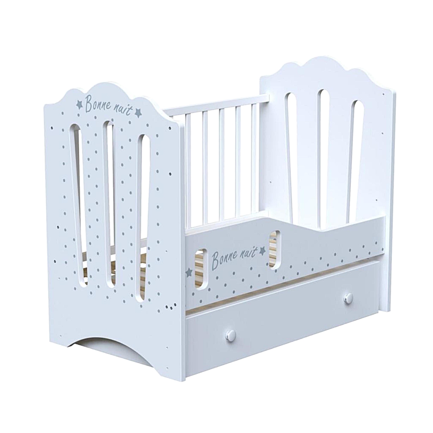 Кровать детская BONNE (фигур.спин., маятник, ящик) с доп. бортиком (белый)